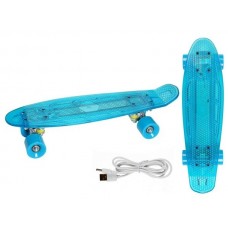 Скейтборд пласт. прозрачная платформа со светом, широкие колеса PU без света  синий