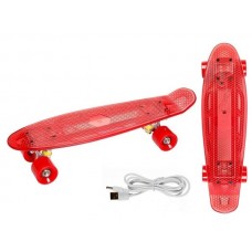 Скейтборд пласт. прозрачная платформа со светом, широкие колеса PU без света, стойка: алюм. красный