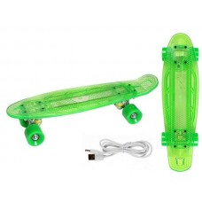 Скейтборд пласт. прозрачная платформа со светом, широкие колеса PU без света, стойка: алюм.зеленый