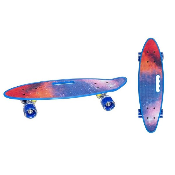 Скейтборд пласт с принтом и с ручкой для переноски, широкие колеса PU со светом, стойка: алюм